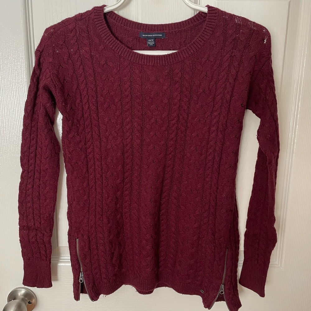 American Eagle Burgundy Cable Knit Sweater with Zipper Detail